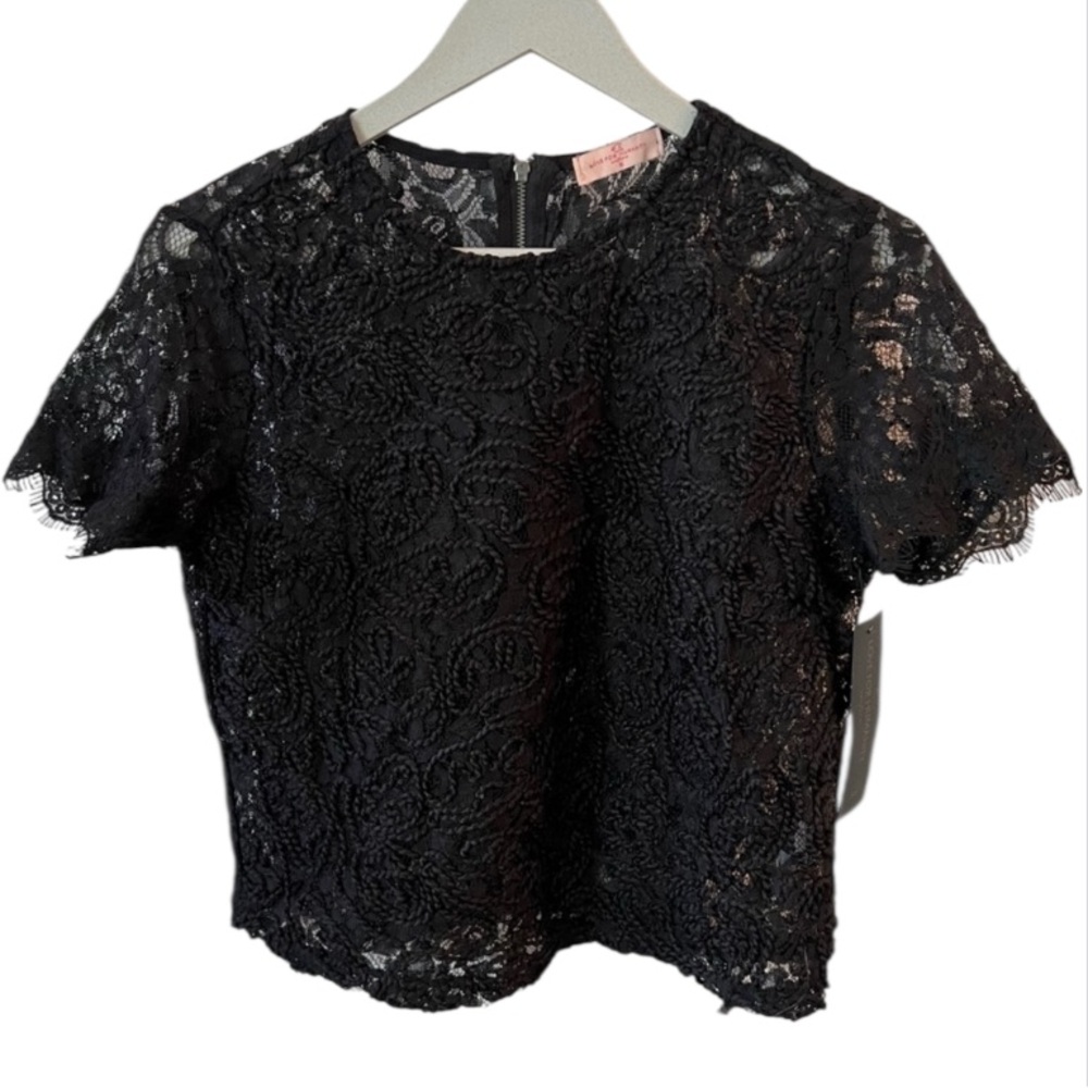 Love For Humanity Crewel Black Lace Top short Scallop Sleeve Womens Sz S NEW